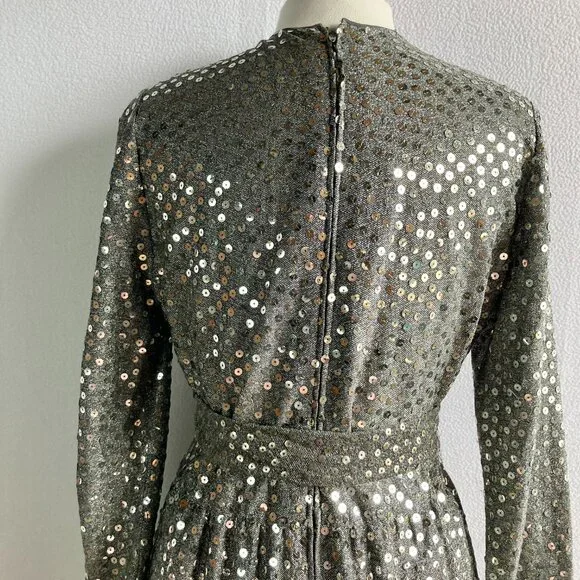 1970s Silver Sequined Modest Long Sleeve Maxi Dress - Picture 14 of 15